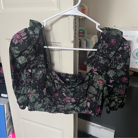 Zara Floral Ruffle Puff Sleeve Crop Top M - Picture 9 of 11